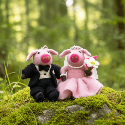 Handmade Wool Felt Wedding Pig Couple Ornament