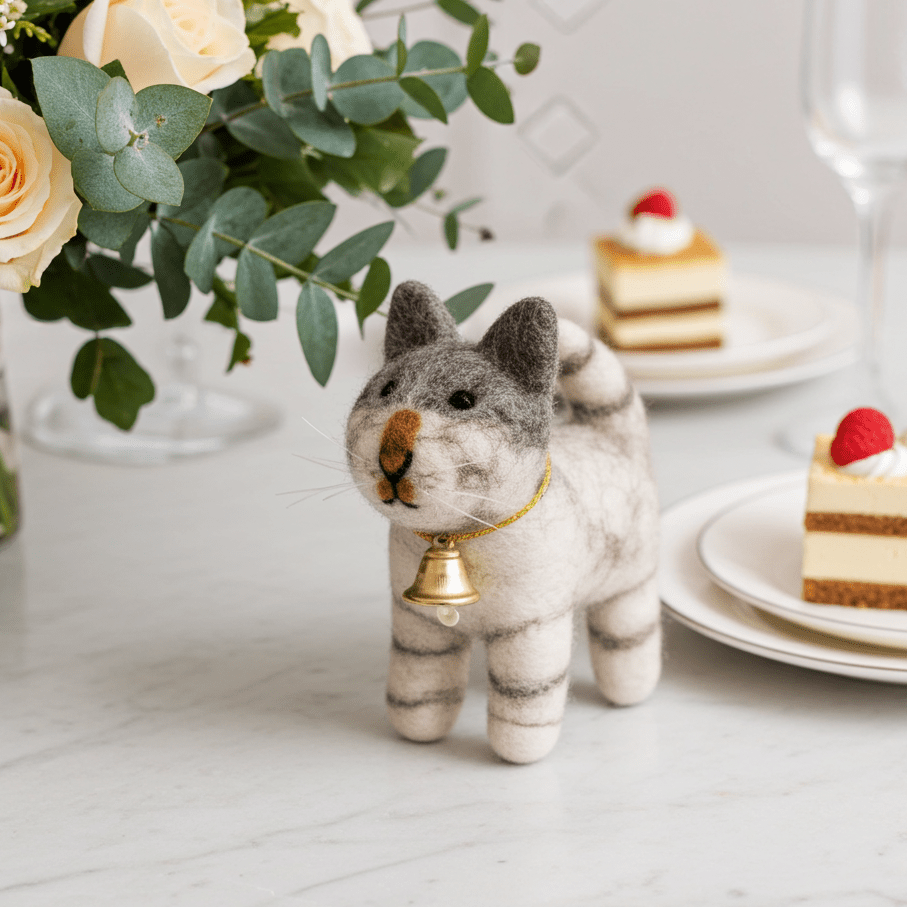 Handmade Wool Felt Grey Tabby Cat Ornament