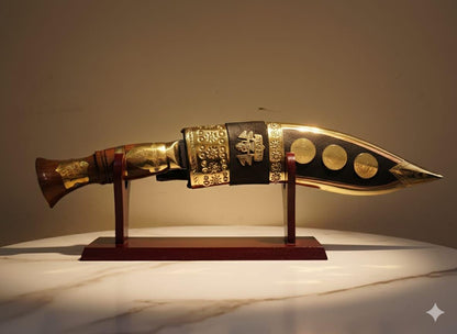 Handcrafted Nepali Khukuri: Brass and Wood Gurkha Knife with Stand