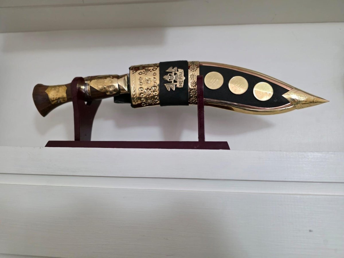 Handcrafted Nepali Khukuri: Brass and Wood Gurkha Knife with Stand