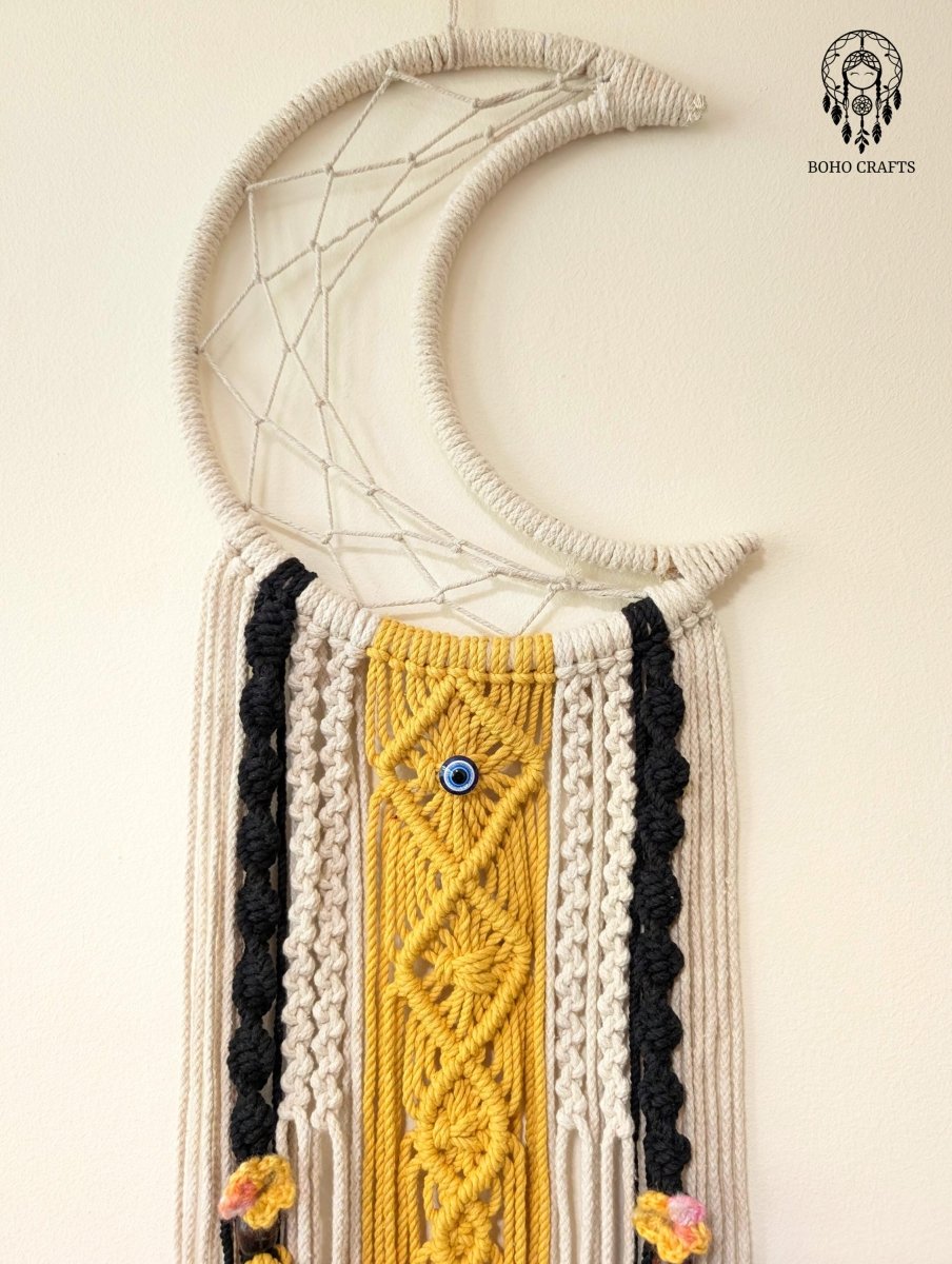 Moon Dreamcatcher with Tassels and Macrame Knotwork