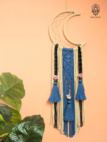 Moon Dreamcatcher with Tassels and Macrame Knotwork