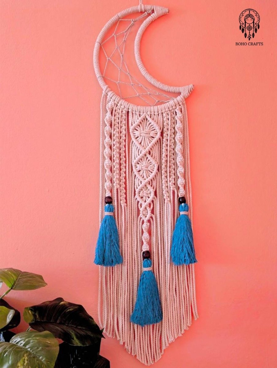 Moon Dreamcatcher with Tassels and Macrame Knotwork