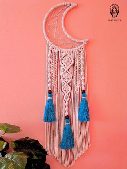 Moon Dreamcatcher with Tassels and Macrame Knotwork