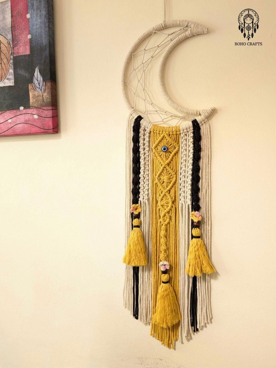 Moon Dreamcatcher with Tassels and Macrame Knotwork