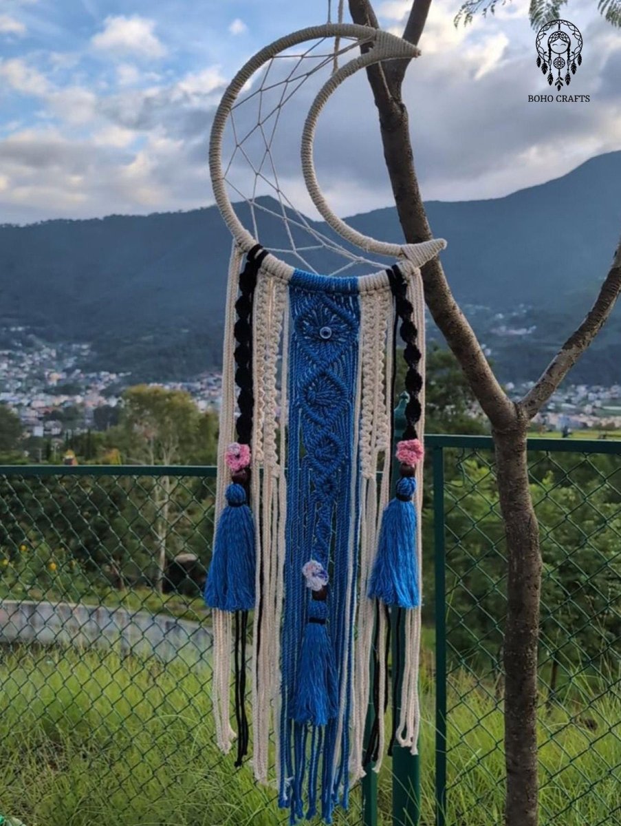 Moon Dreamcatcher with Tassels and Macrame Knotwork