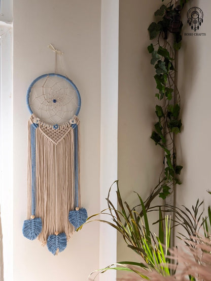 Blue Evil Eye Dreamcatcher with Leaf Tassels