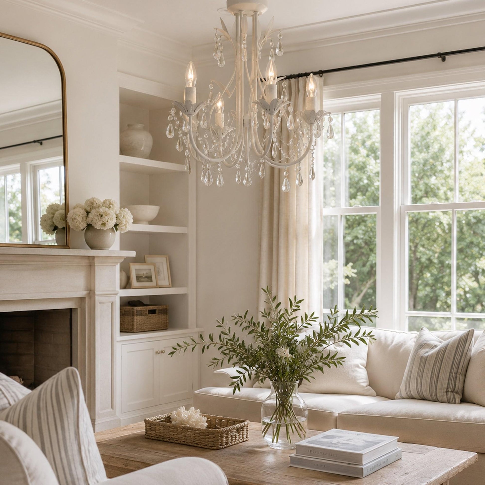 White leaf chandelier with crystal teardrop strands and candle-style bulbs hanging