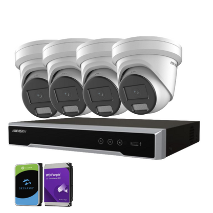 Hikvision upto x4 6MP Darkfighter AcuSense Turret Security Camera Kit + 4‑Channel PoE NVR Kit with Optional HDD | DS‑2CD2366G2H‑I(U) + DS‑7604NI‑M1/4P