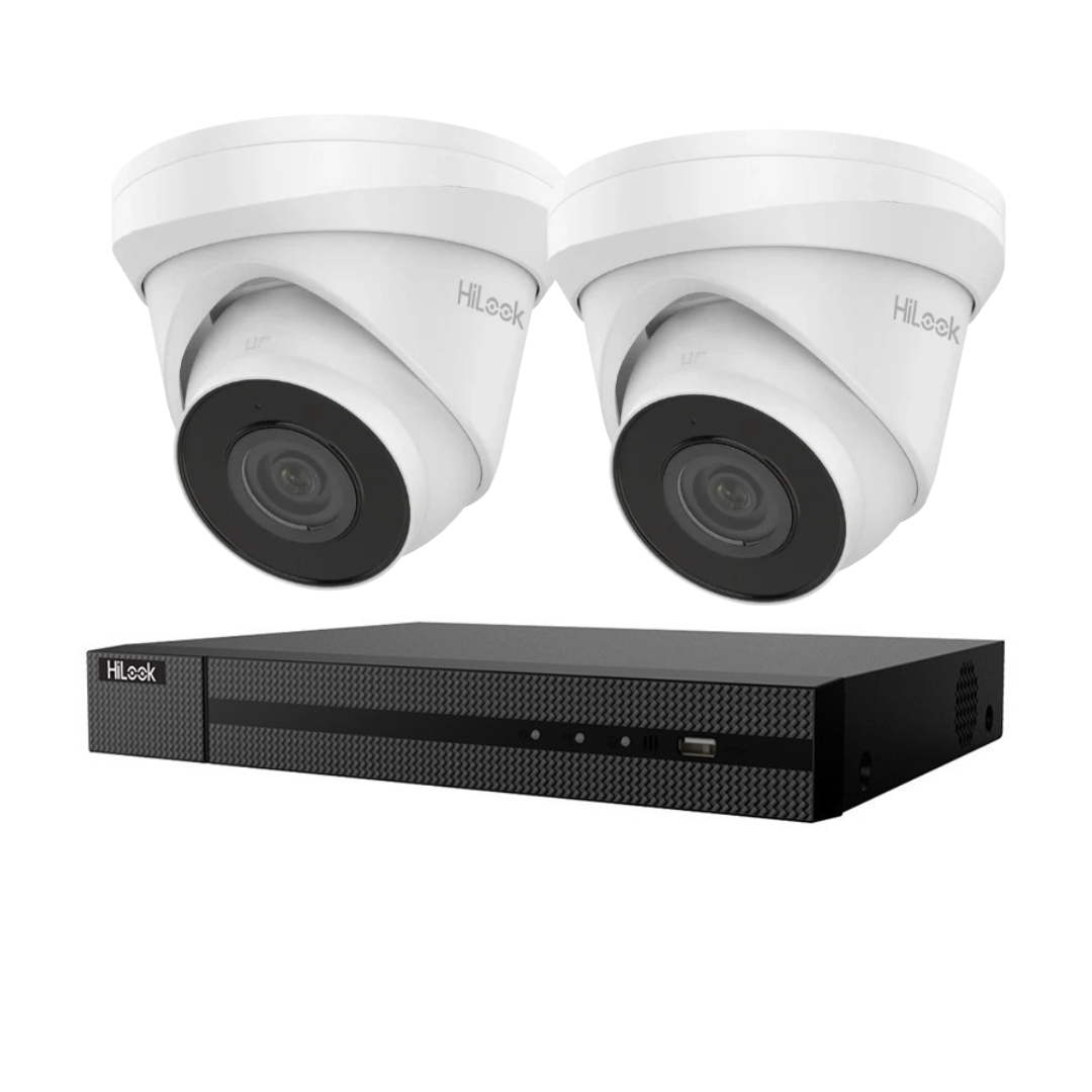 HiLook upto 4x 4MP IP Camera Kit – IPC-T240H-MU Turret Cameras + HL-NVR-104MH-C/4P(B) 4 Channel 4K PoE NVR CCTV Security System Budget CCTV Kit