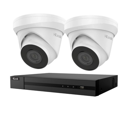 HiLook upto 4x 4MP IP Camera Kit – IPC-T240H-MU Turret Cameras + HL-NVR-104MH-C/4P(B) 4 Channel 4K PoE NVR CCTV Security System Budget CCTV Kit