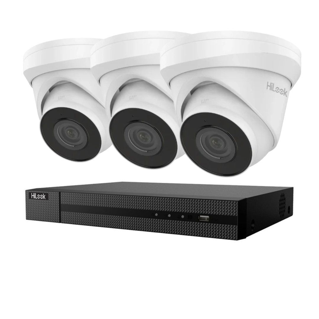 HiLook upto 4x 4MP IP Camera Kit – IPC-T240H-MU Turret Cameras + HL-NVR-104MH-C/4P(B) 4 Channel 4K PoE NVR CCTV Security System Budget CCTV Kit