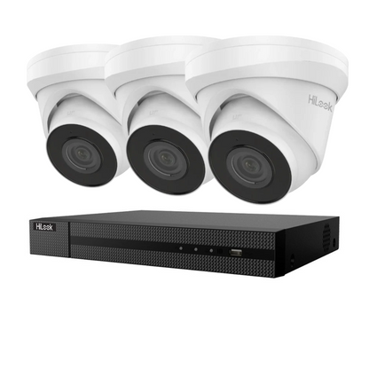 HiLook upto 4x 4MP IP Camera Kit – IPC-T240H-MU Turret Cameras + HL-NVR-104MH-C/4P(B) 4 Channel 4K PoE NVR CCTV Security System Budget CCTV Kit