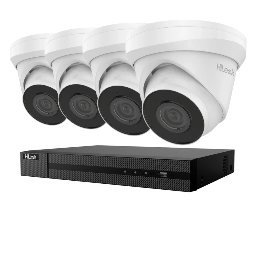HiLook upto 4x 4MP IP Camera Kit – IPC-T240H-MU Turret Cameras + HL-NVR-104MH-C/4P(B) 4 Channel 4K PoE NVR CCTV Security System Budget CCTV Kit