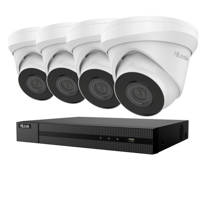 HiLook upto 4x 4MP IP Camera Kit – IPC-T240H-MU Turret Cameras + HL-NVR-104MH-C/4P(B) 4 Channel 4K PoE NVR CCTV Security System Budget CCTV Kit
