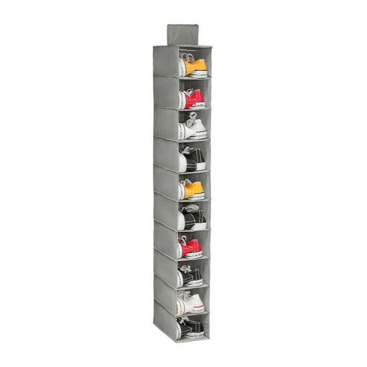 Hanging shoe organizer with 10 shelves filled with shoes and hats, light gray.