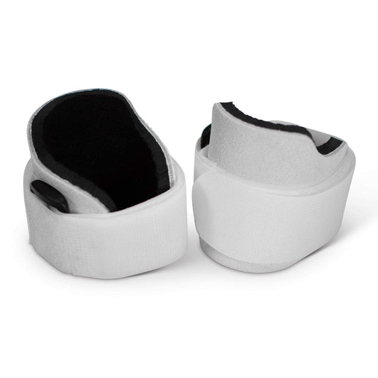 White fabric wrist support braces with black interior lining, pair