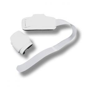 White wrist support brace with curved back and hook-and-loop strap tab