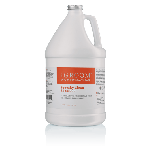 iGROOM shampoo jug with white bottle, label details, and screw-top cap