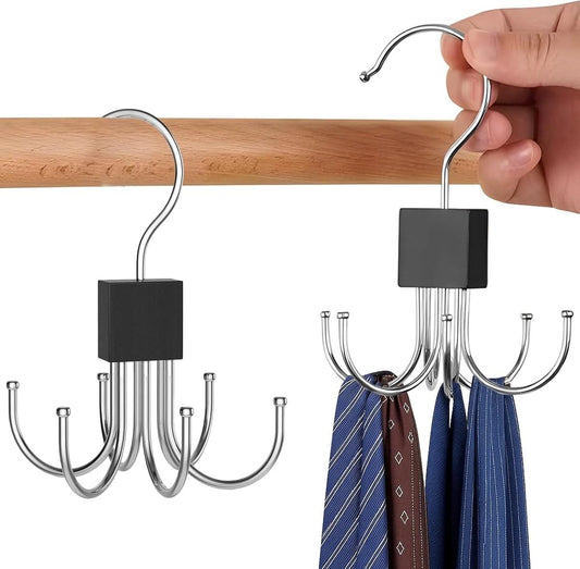 Black 360° rotating belt hanger with six metal hooks and black base pads