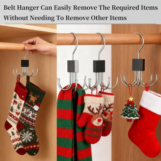 Set of belt organizers with curved metal hooks on a wooden bar, black pads