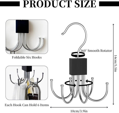 2 pieces - Belt Rack - Belt Organizer - Bra Hanger - Tank Top Hanger - Clothes Hanger - Clothes Hangers - 360° Rotating Metal - Bra Organizer - Storage Rack - with 6 Hooks - for belts, ties, tank tops, bras, scarves and handbags - 14*10 cm - Black