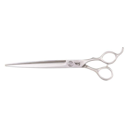 Straight scissors with long cutting blade, thumb loop, and two finger rings