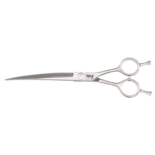 Curved hair cutting scissors with two finger loops and pointed blade, stainless steel
