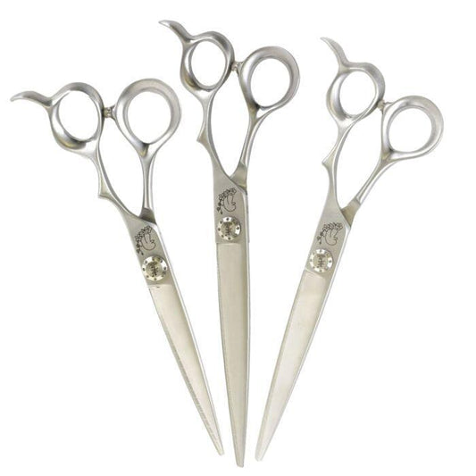 Straight hair cutting scissors set, silver tone with two finger rings and pointed blades