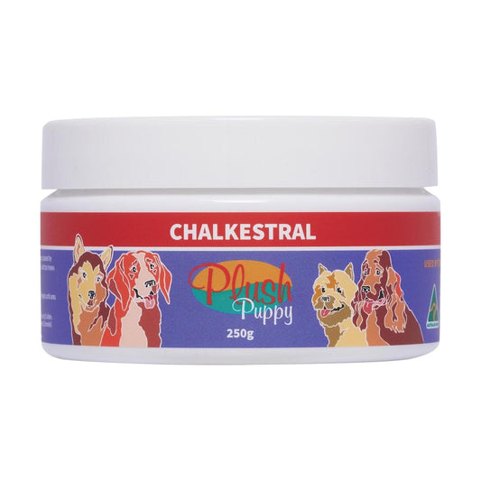 Plush Puppy Chalkestral tub, 250g, red and blue label with dog illustrations