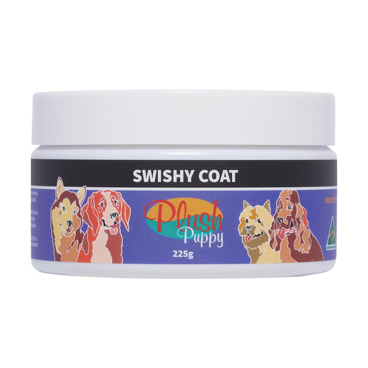 Plush Puppy Swishy Coat grooming jar, dark blue label, 225 g
