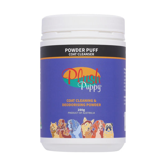 Powder Puff coat cleanser jar with white lid and blue label