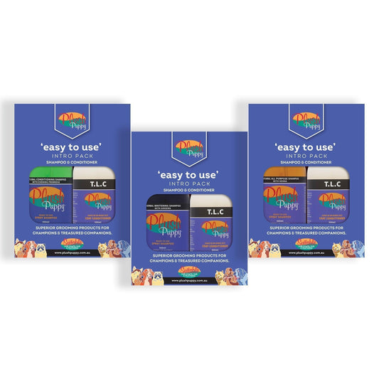 Dog shampoo and conditioner spray pack set with three T.L.C. intro packs