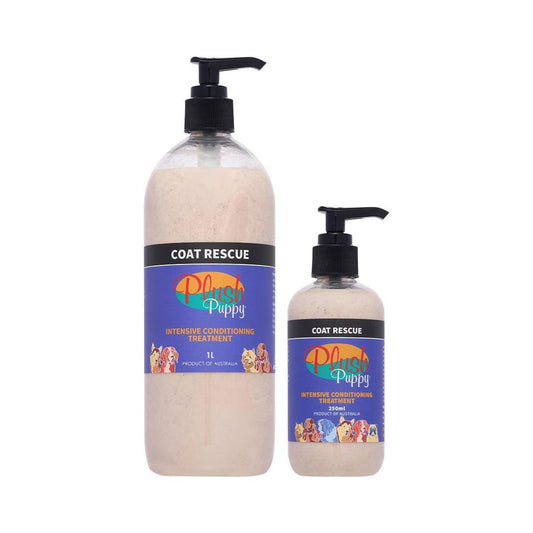 Coat rescue conditioning treatment set: large and small clear pump bottles, beige liquid