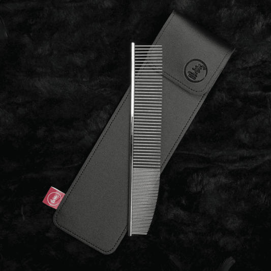 22 cm pin hair comb in black pouch, angled view with fine metal pins exposed