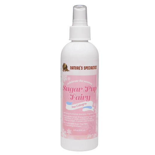 White pump pet cologne bottle with pink label and clear sprayer