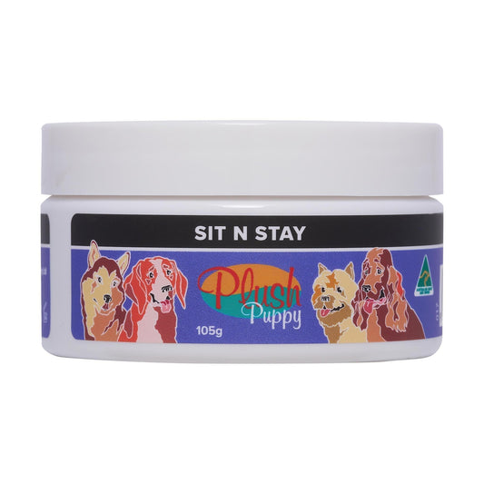 Plush Puppy Sit N Stay 105g jar with blue label reading "SIT N STAY"