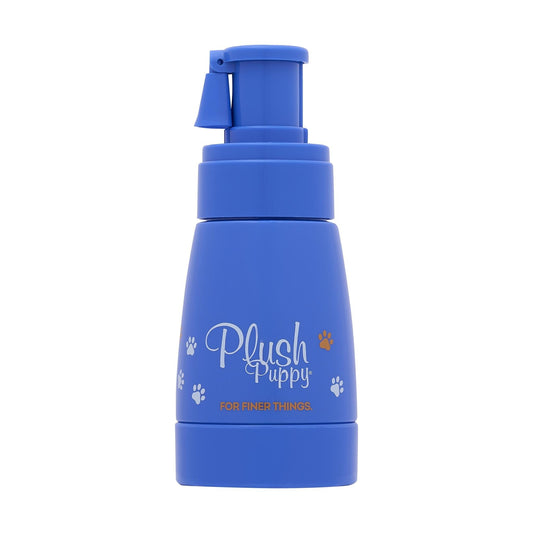 Blue Plush Puppy powder spray bottle, upright with flip-top sprayer and paw label