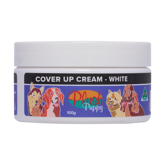 Plush Puppy cover-up cream jar, white label and plastic lid
