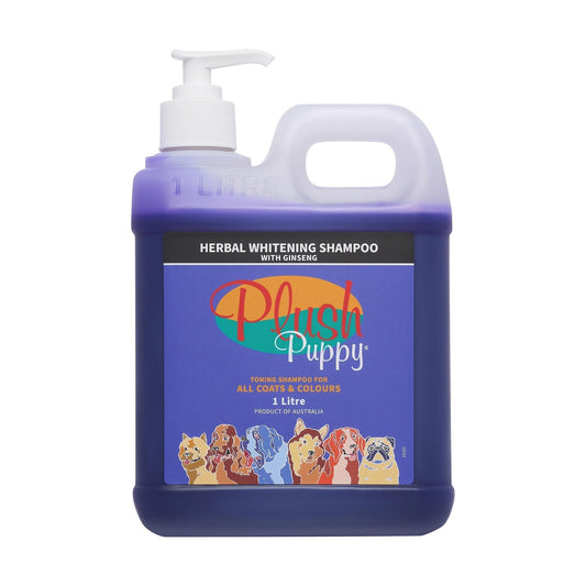 Blue herbal whitening shampoo bottle with pump and ginseng label