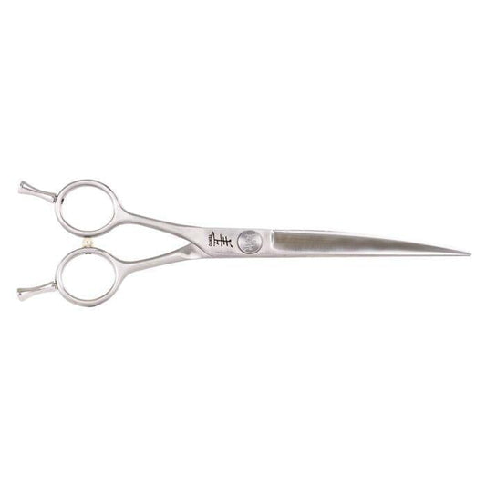 Silver curved-blade haircutting scissors with two finger loops.