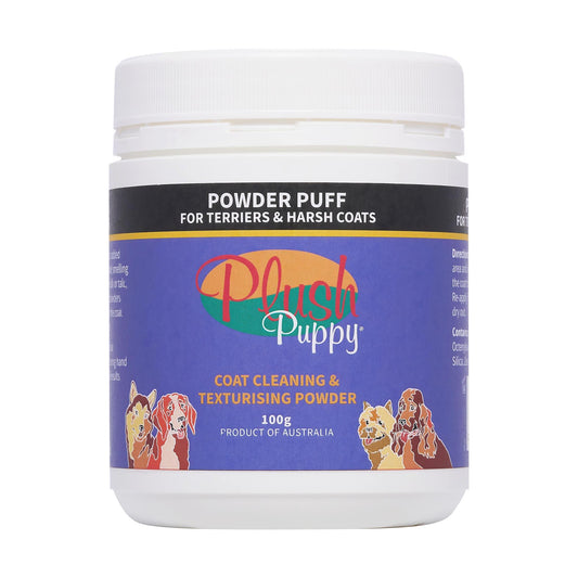 Plush Puppy powder puff terrier coat cleaning jar, 100g, white lid, blue label