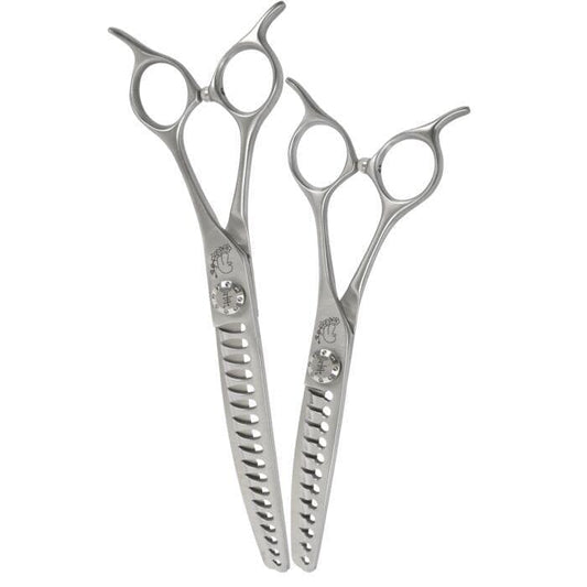 Pair of silver curved hair cutting shears with thumb rings and textured teeth blades