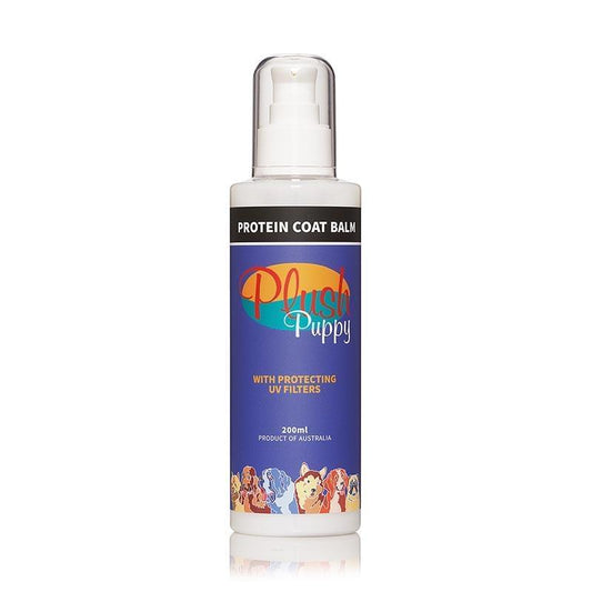 Plush Puppy protein coat balm, pump bottle, 200 ml with UV filter protection.