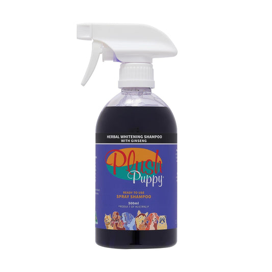 Plush Puppy herbal whitening spray shampoo bottle with ginseng, dark liquid, white trigger top