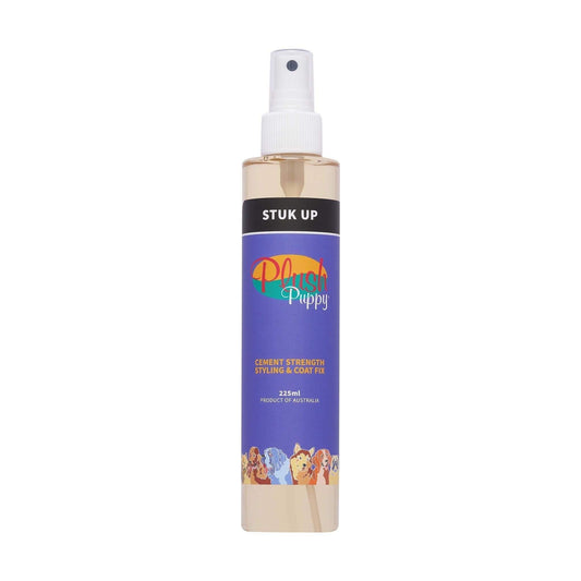 225ml hair styling coat spray bottle with pump, Stuk Up Plush Puppy label