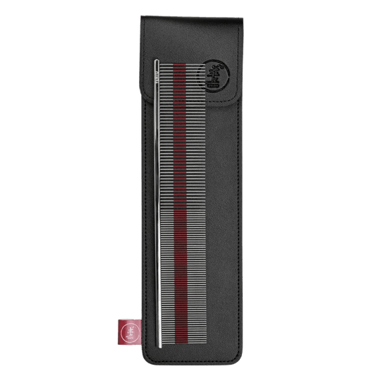 23 cm hair comb with red stripe, in black leather-style storage case