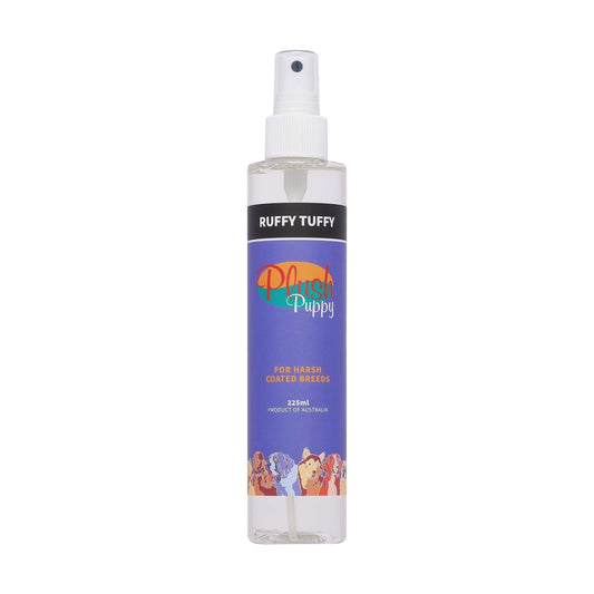 Dog coat spray bottle with mist nozzle, 225ml; front label visible.