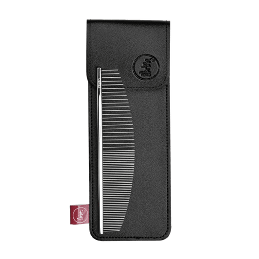 Black metal hair comb in black leather-look case with snap strap
