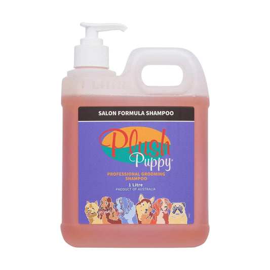 Plush Puppy salon formula shampoo bottle with white pump, salmon-pink, front label